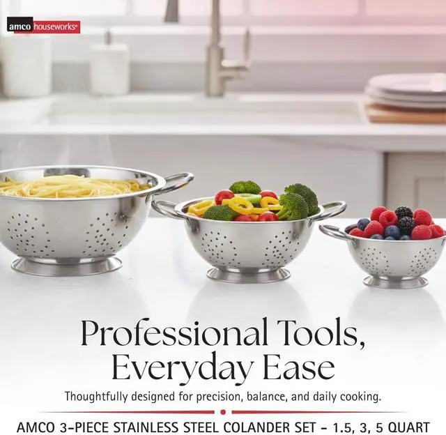 Alt view image 2 of 7 - 3-Piece Stainless Steel Colander Set - Multiple Sizes - 1.5, 3, 5 Quart - Durable, Professional Grade Design with Handles for Easy Transfer - Ideal Kitchen Strainer for Cooking & Washing