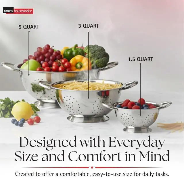 Alt view image 5 of 7 - 3-Piece Stainless Steel Colander Set - Multiple Sizes - 1.5, 3, 5 Quart - Durable, Professional Grade Design with Handles for Easy Transfer - Ideal Kitchen Strainer for Cooking & Washing