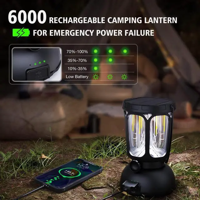 Alt view image 3 of 7 - 6000 LED Camping Lantern Rechargeable, 650LM Hand Crank Solar Camping Light, Portable Battery Powered Lantern for Emergency, Power Outage, Hurricane, Outdoors