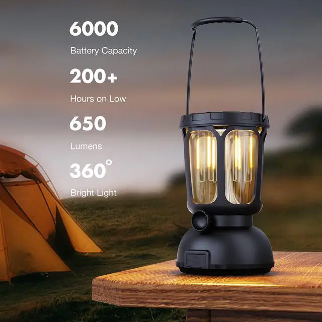 Alt view image 2 of 7 - 6000 LED Camping Lantern Rechargeable, 650LM Hand Crank Solar Camping Light, Portable Battery Powered Lantern for Emergency, Power Outage, Hurricane, Outdoors