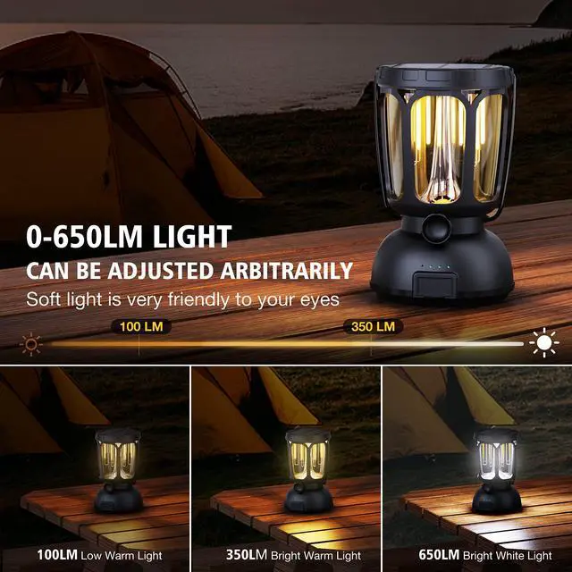 Alt view image 4 of 7 - 6000 LED Camping Lantern Rechargeable, 650LM Hand Crank Solar Camping Light, Portable Battery Powered Lantern for Emergency, Power Outage, Hurricane, Outdoors