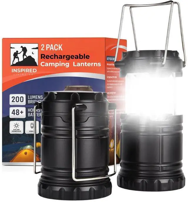 Main image of Rechargeable Camping Lantern, Pack of 2 - LED Camping Lantern Battery Powered, Waterproof Solar Lantern for Emergency, Hiking & Power Outages | USB-C Rechargeable, Collapsible, 360° Light