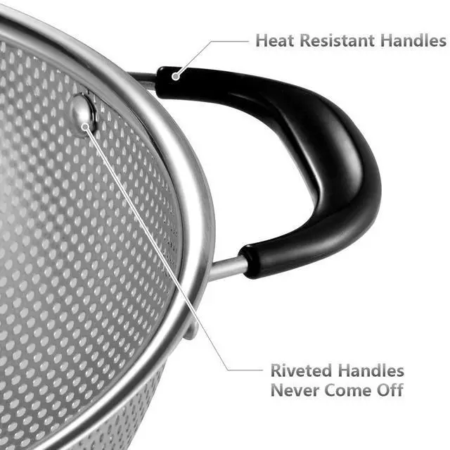 Alt view image 3 of 7 - 18/8 Stainless Steel Colander, Easy Grip Micro-Perforated 5-Quart Colander, Strainer with Riveted and Heat Resistant Handles, BPA Free. Great for Pasta, Noodles, Vegetables and Fruits