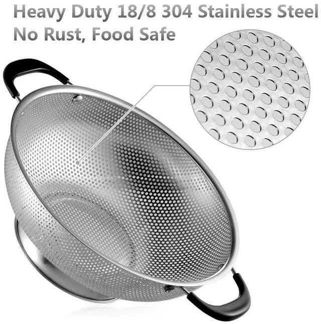 Alt view image 2 of 7 - 18/8 Stainless Steel Colander, Easy Grip Micro-Perforated 5-Quart Colander, Strainer with Riveted and Heat Resistant Handles, BPA Free. Great for Pasta, Noodles, Vegetables and Fruits