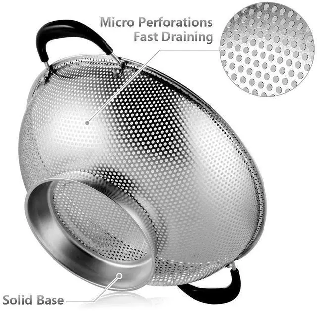 Alt view image 4 of 7 - 18/8 Stainless Steel Colander, Easy Grip Micro-Perforated 5-Quart Colander, Strainer with Riveted and Heat Resistant Handles, BPA Free. Great for Pasta, Noodles, Vegetables and Fruits