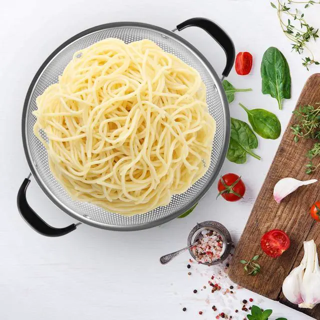 Alt view image 6 of 7 - 18/8 Stainless Steel Colander, Easy Grip Micro-Perforated 5-Quart Colander, Strainer with Riveted and Heat Resistant Handles, BPA Free. Great for Pasta, Noodles, Vegetables and Fruits