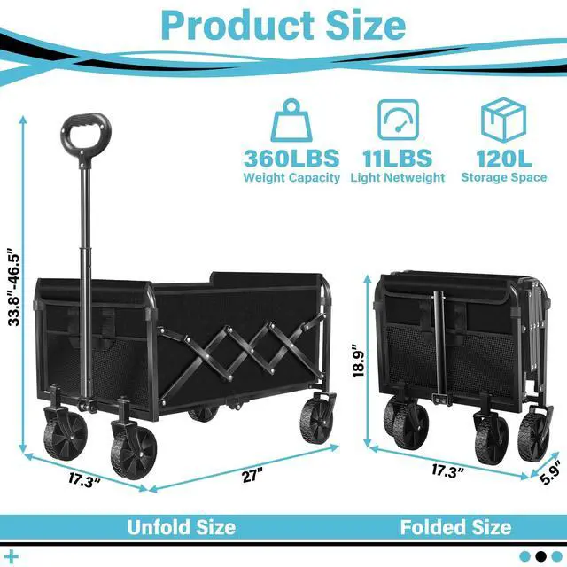 Alt view image 2 of 7 - Collapsible Wagon Cart with All-Terrain Wheels - Folding Utility 360LBS Heavy Duty Wagons Carts for Grocery Sports Garden Shopping Camping Fishing (Black, 120L)