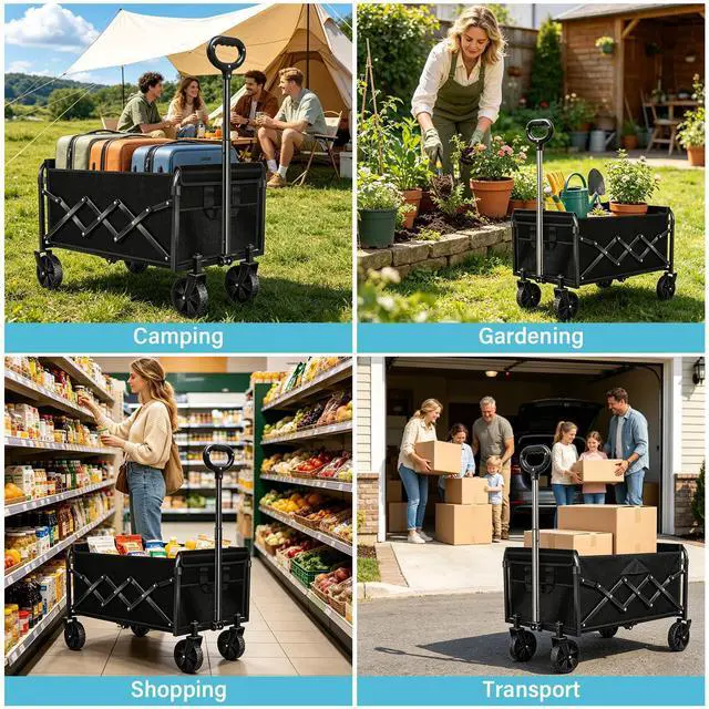 Alt view image 7 of 7 - Collapsible Wagon Cart with All-Terrain Wheels - Folding Utility 360LBS Heavy Duty Wagons Carts for Grocery Sports Garden Shopping Camping Fishing (Black, 120L)