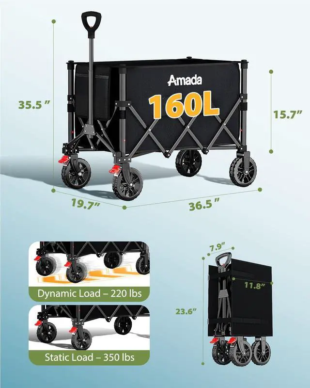 Alt view image 5 of 7 - Collapsible Wagon Cart, Foldable Lightweight Wagon Folding Carts with Wheels - Outdoor Utility Carts with 360LBS Max Load for Grocery, Camping, Shopping, Sports, GardenBeach