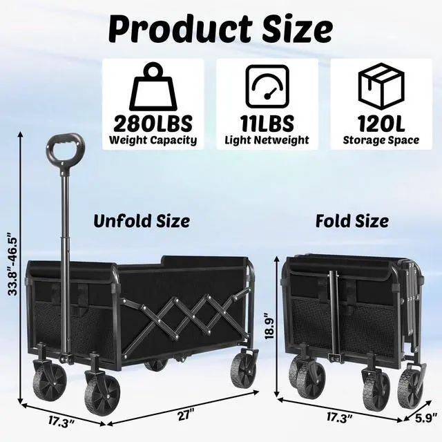 Alt view image 3 of 6 - Wagons Carts Foldable, 280 Lbs with Adjustable Handle, Black Lightweight Portable, Collapsible Wagon for Beach Trip, Camping, Shopping, Sports, Travel, Picnic and Grocery (Dark Black)