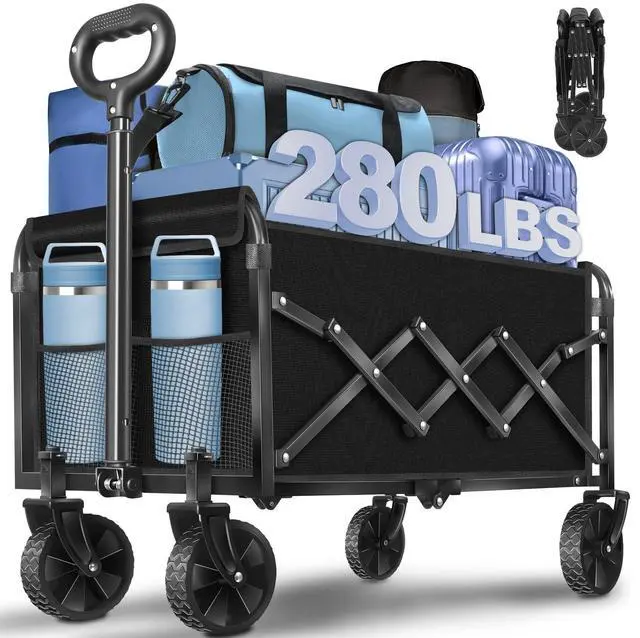 Main image of Wagons Carts Foldable, 280 Lbs with Adjustable Handle, Black Lightweight Portable, Collapsible Wagon for Beach Trip, Camping, Shopping, Sports, Travel, Picnic and Grocery (Dark Black)