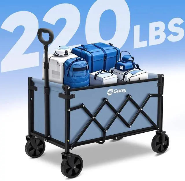 Alt view image 3 of 7 - Wagon Cart with Wheels with 220LBS Capacity,Heavy Duty Wagon Carts Foldable,Lightweight Utility Portable Cart for Grocery, Shopping, Garden, Camping. Blue