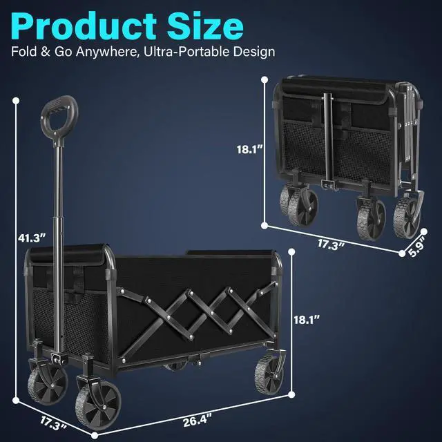Alt view image 2 of 7 - Wagons Carts Foldable, Collapsible Wagon with Wheels Foldable Wagon for Groceries,Picnic,Beach,Camping, Small Hauls, Apartment Moving Storage, Portable Utility Folding Wagon Cart, 360lbs,Jet Black