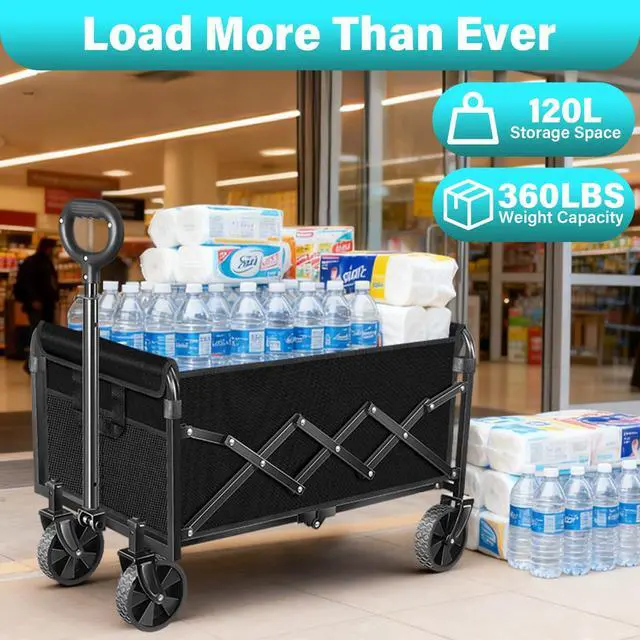 Alt view image 3 of 7 - Wagons Carts Foldable, Collapsible Wagon with Wheels Foldable Wagon for Groceries,Picnic,Beach,Camping, Small Hauls, Apartment Moving Storage, Portable Utility Folding Wagon Cart, 360lbs,Jet Black