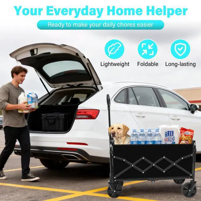 Alt view image 4 of 7 - Wagons Carts Foldable, Collapsible Wagon with Wheels Foldable Wagon for Groceries,Picnic,Beach,Camping, Small Hauls, Apartment Moving Storage, Portable Utility Folding Wagon Cart, 360lbs,Jet Black