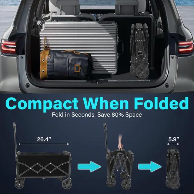 Alt view image 5 of 7 - Wagons Carts Foldable, Collapsible Wagon with Wheels Foldable Wagon for Groceries,Picnic,Beach,Camping, Small Hauls, Apartment Moving Storage, Portable Utility Folding Wagon Cart, 360lbs,Jet Black