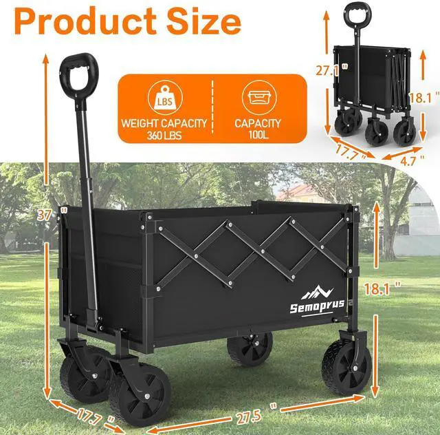 Alt view image 2 of 7 - Wagons Carts Foldable, 360LBS Folding Utility Heavy Duty Wagon Cart with Wheels, 100L Portable Utility Outdoor Wagon for Shopping, Beach, Camping, Sports, Garden