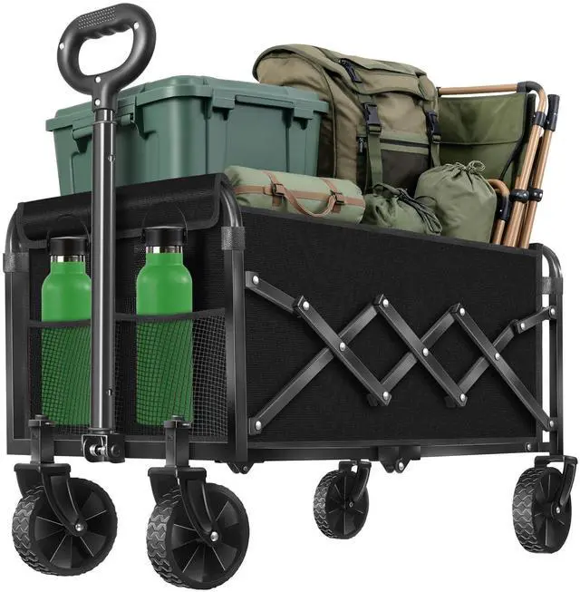 Main image of Collapsible Wagons Carts Foldable Wagon, Foldable Wagon Cart with Wheels, Folding Wagons for Beach Camp Sports Garden, 2 Cup Holders/Lightweight Portable/Black/280 LBS