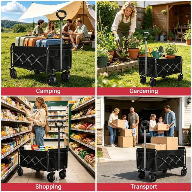 Alt view image 7 of 7 - Wagons Carts Foldable - Collapsible Folding Wagon, Portable Folding Wagon Cart with Wheels, Outdoor Utility Carts for Groceries, Camping, Sports, Shopping, Garden, Black