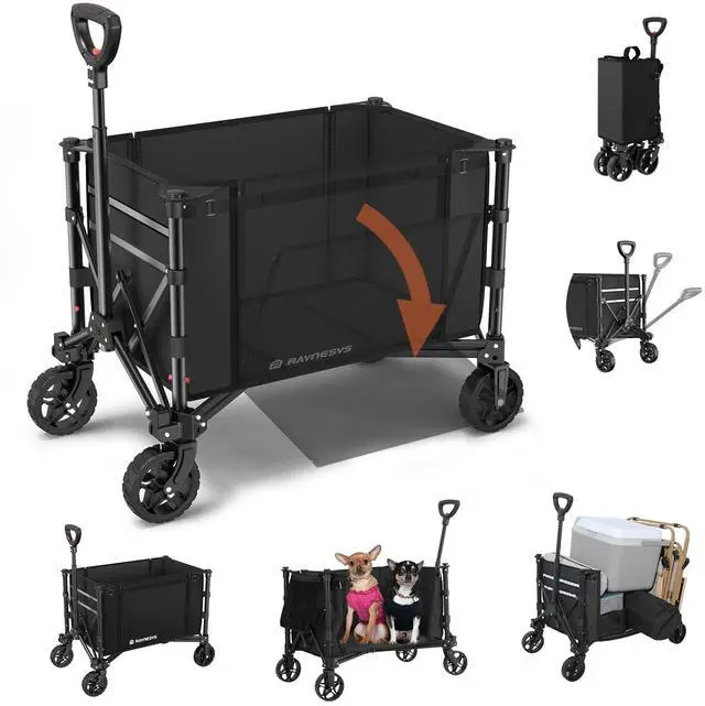 Main image of 3 in 1 Collapsible Wagon Converts to Bench, 220lbs Foldable Wagon Cart with Wheels, 120L Shopping Cart for Groceries Folding Utility Wagon for Beach, Garden, Camping, Sport, Black