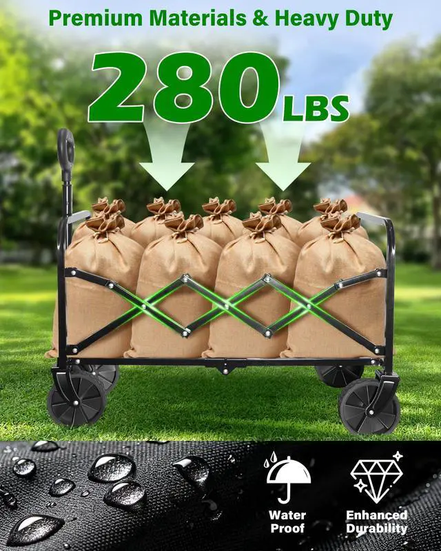 Alt view image 6 of 7 - Collapsible Wagons Carts Foldable Wagon, Foldable Wagon Cart with Wheels, Folding Wagons for Beach Camp Sports Garden, 2 Cup Holders/Lightweight Portable/Black/280 LBS