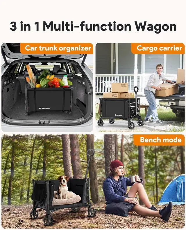Alt view image 2 of 7 - 3 in 1 Collapsible Wagon Converts to Bench, 220lbs Foldable Wagon Cart with Wheels, 120L Shopping Cart for Groceries Folding Utility Wagon for Beach, Garden, Camping, Sport, Black