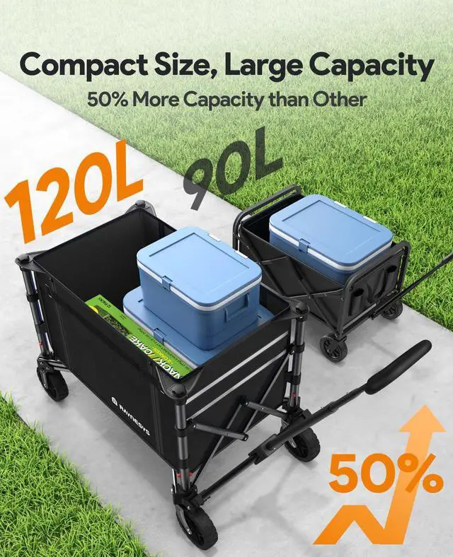 Alt view image 3 of 7 - 3 in 1 Collapsible Wagon Converts to Bench, 220lbs Foldable Wagon Cart with Wheels, 120L Shopping Cart for Groceries Folding Utility Wagon for Beach, Garden, Camping, Sport, Black
