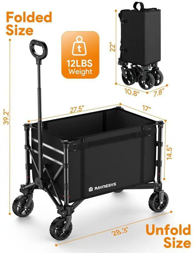 Alt view image 5 of 7 - 3 in 1 Collapsible Wagon Converts to Bench, 220lbs Foldable Wagon Cart with Wheels, 120L Shopping Cart for Groceries Folding Utility Wagon for Beach, Garden, Camping, Sport, Black