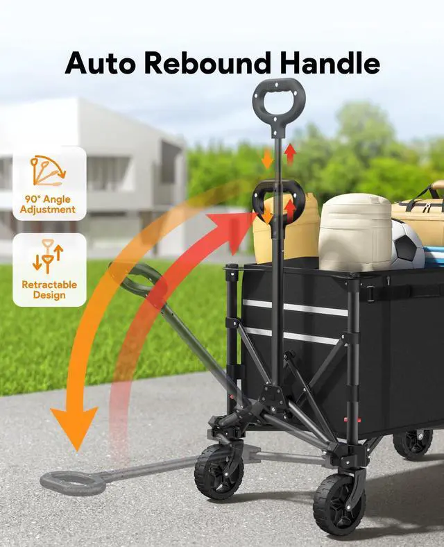 Alt view image 6 of 7 - 3 in 1 Collapsible Wagon Converts to Bench, 220lbs Foldable Wagon Cart with Wheels, 120L Shopping Cart for Groceries Folding Utility Wagon for Beach, Garden, Camping, Sport, Black