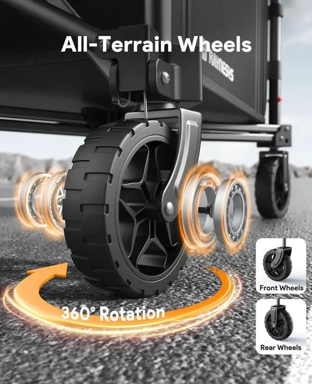 Alt view image 7 of 7 - 3 in 1 Collapsible Wagon Converts to Bench, 220lbs Foldable Wagon Cart with Wheels, 120L Shopping Cart for Groceries Folding Utility Wagon for Beach, Garden, Camping, Sport, Black