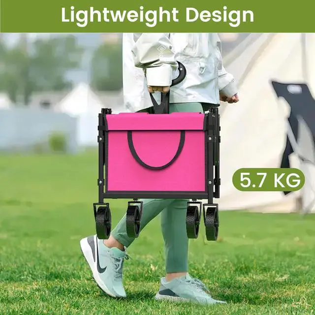 Alt view image 3 of 7 - Collapsible Wagon with Wheels, 220 lbs Wagons Carts Foldable Wagon Cart with Flexible Handle, Lightweight Portable Folding Utility Grocery Shopping Cart for Grocery Sports Garden Camping, Pink