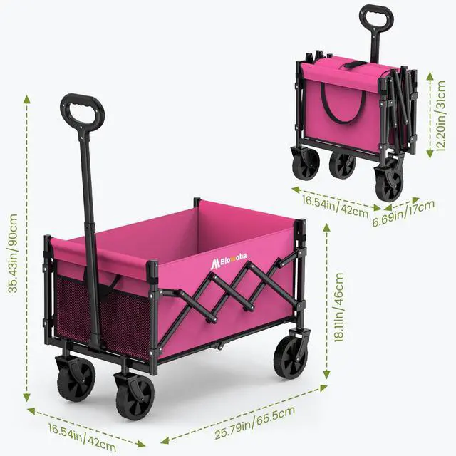 Alt view image 7 of 7 - Collapsible Wagon with Wheels, 220 lbs Wagons Carts Foldable Wagon Cart with Flexible Handle, Lightweight Portable Folding Utility Grocery Shopping Cart for Grocery Sports Garden Camping, Pink