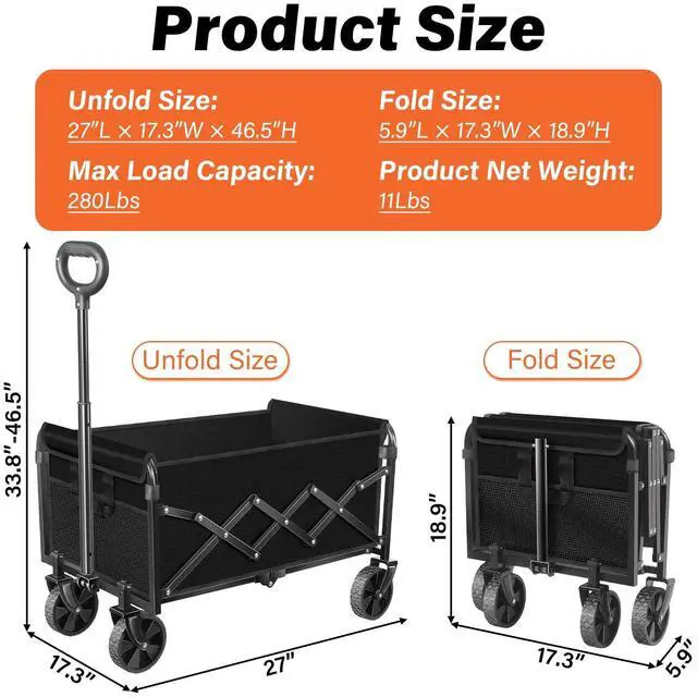 Alt view image 6 of 7 - Wagons Carts Foldable - 280Lbs Collapsible Wagon Cart with Wheels Portable - Folding Wagon Lightweight for Camping, Sports, Travel, Picnic, Groceries, Shopping
