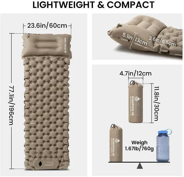 Alt view image 7 of 7 - BLACKCRYSTAL Camping Sleeping Pad with Built-in Foot Pump, Inflatable Sleeping Pad with Built-in Pillow, Connectable Camping Air Mattress for Backpacking, Hiking,Tent Camping, Lightweight