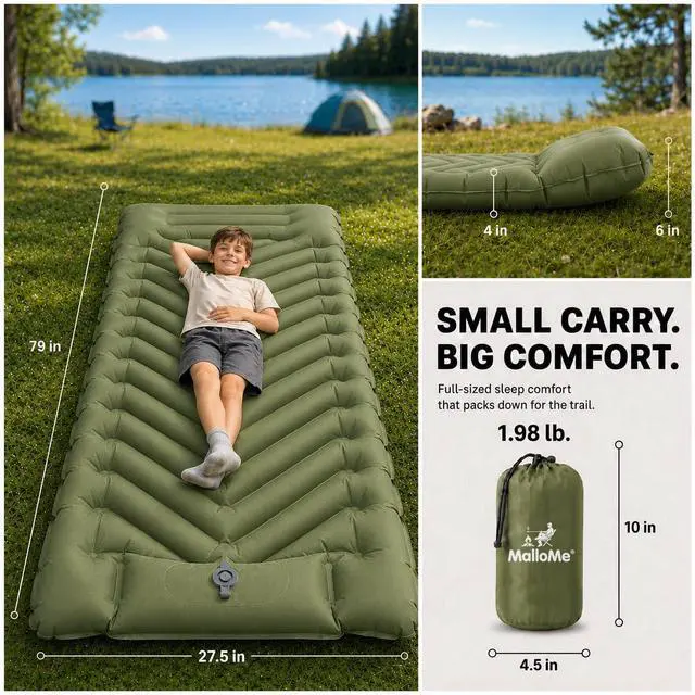 Alt view image 2 of 7 - Camping Mattress Sleeping Pad for Camping - Bed for Outdoors Self-Inflating Air Mattress for Backpacking Leak-Resistant Inflatable Travel Mat w/Foot Pump Compact Ultralight Single & Double