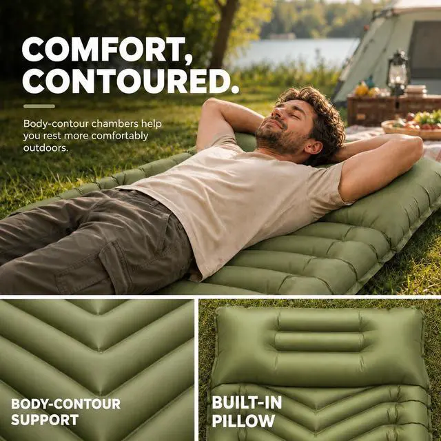 Alt view image 3 of 7 - Camping Mattress Sleeping Pad for Camping - Bed for Outdoors Self-Inflating Air Mattress for Backpacking Leak-Resistant Inflatable Travel Mat w/Foot Pump Compact Ultralight Single & Double