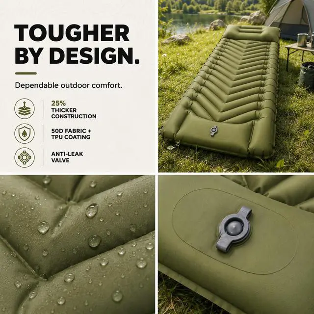 Alt view image 5 of 7 - Camping Mattress Sleeping Pad for Camping - Bed for Outdoors Self-Inflating Air Mattress for Backpacking Leak-Resistant Inflatable Travel Mat w/Foot Pump Compact Ultralight Single & Double
