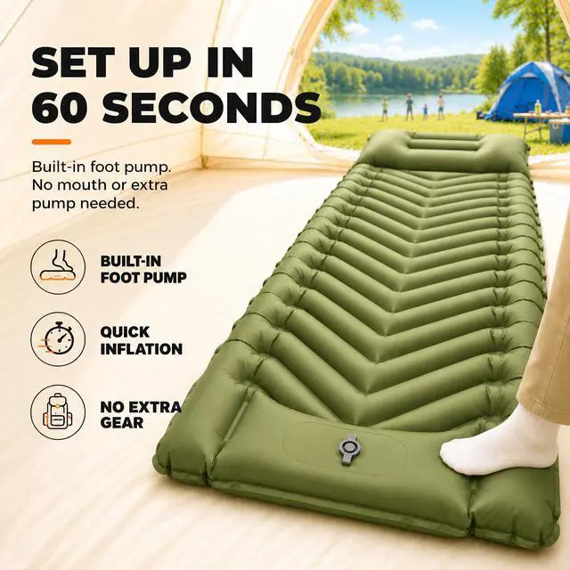 Alt view image 4 of 7 - Camping Mattress Sleeping Pad for Camping - Bed for Outdoors Self-Inflating Air Mattress for Backpacking Leak-Resistant Inflatable Travel Mat w/Foot Pump Compact Ultralight Single & Double