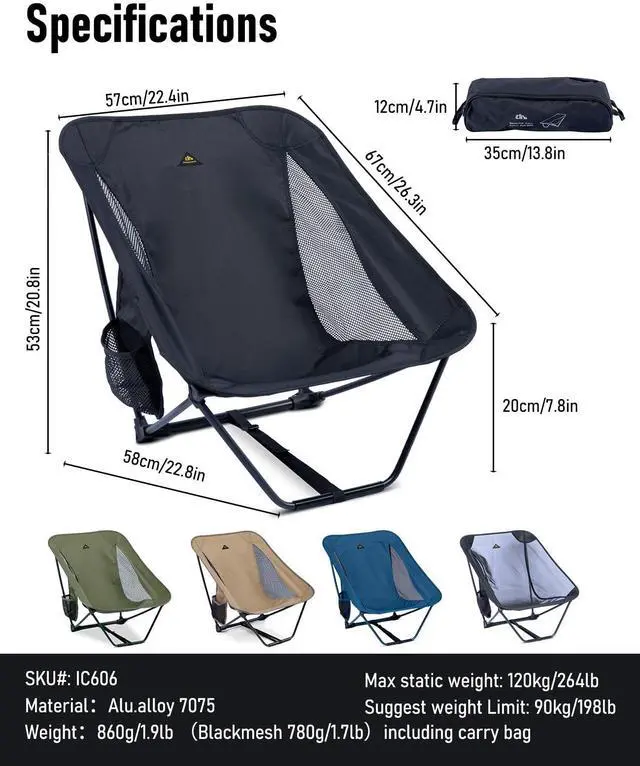 Alt view image 6 of 7 - Low Ultralight Compact Camping Folding Chair with Side Pocket and Carry Bag (Black)
