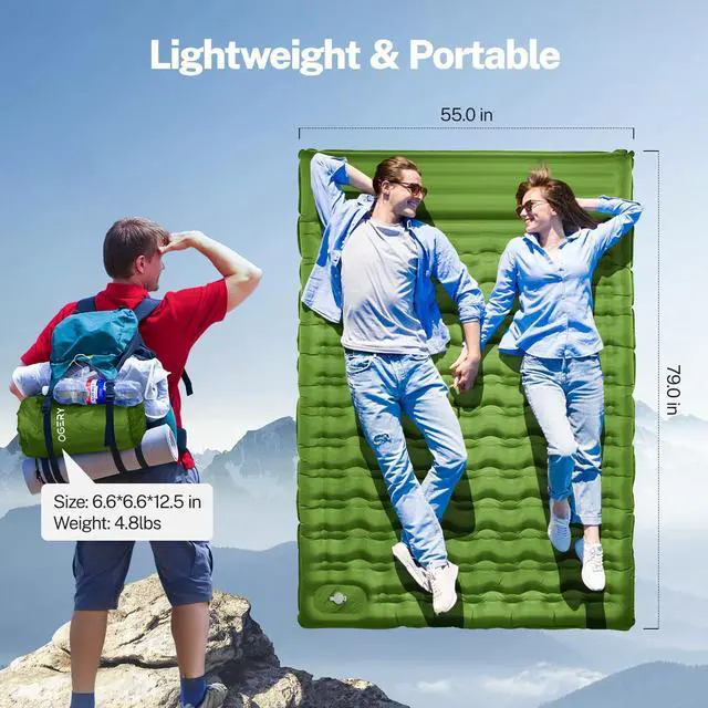 Alt view image 2 of 7 - Double Sleeping Pad for Camping, 6" Extra-Thick Reinforced Camping Sleeping Pad with Pillows & Built-in Foot Pump, Ultralight Inflating Camping Mattress for Backpacking Tent Hiking Travel