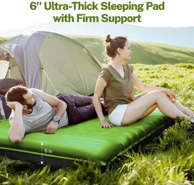 Alt view image 3 of 7 - Double Sleeping Pad for Camping, 6" Extra-Thick Reinforced Camping Sleeping Pad with Pillows & Built-in Foot Pump, Ultralight Inflating Camping Mattress for Backpacking Tent Hiking Travel