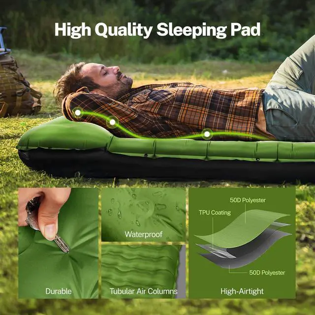 Alt view image 4 of 7 - Double Sleeping Pad for Camping, 6" Extra-Thick Reinforced Camping Sleeping Pad with Pillows & Built-in Foot Pump, Ultralight Inflating Camping Mattress for Backpacking Tent Hiking Travel