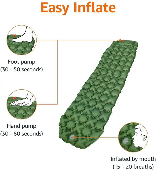 Alt view image 2 of 5 - Camping Sleeping Pad with Quick-Inflate Built-in Foot Pump, Water Resistant, Ultralight, Portable for Hiking and Backpacking, Olive Green