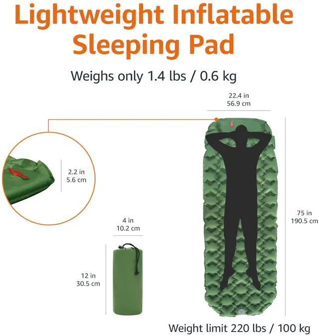 Alt view image 4 of 5 - Camping Sleeping Pad with Quick-Inflate Built-in Foot Pump, Water Resistant, Ultralight, Portable for Hiking and Backpacking, Olive Green