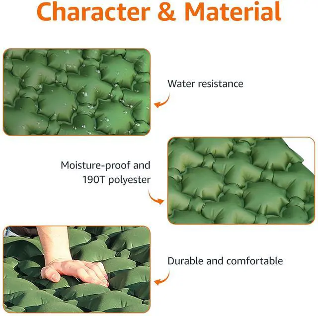 Alt view image 3 of 5 - Camping Sleeping Pad with Quick-Inflate Built-in Foot Pump, Water Resistant, Ultralight, Portable for Hiking and Backpacking, Olive Green