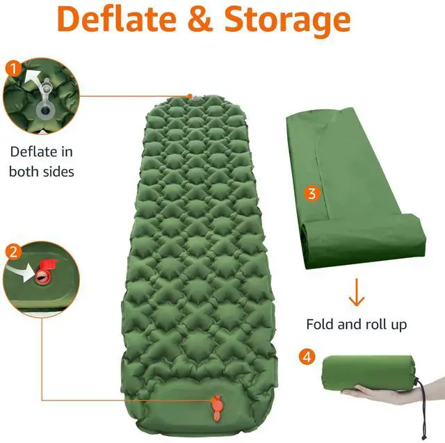 Alt view image 5 of 5 - Camping Sleeping Pad with Quick-Inflate Built-in Foot Pump, Water Resistant, Ultralight, Portable for Hiking and Backpacking, Olive Green