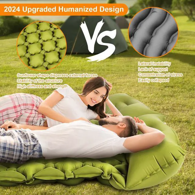Alt view image 2 of 7 - Double Sleeping Pad, Ultralight 4" Extra-Thick Self Inflating Sleeping Mat for 2 Person with Pillow Built-in Foot Pump Portable Camping Mat for Backpacking, Hiking, Traveling, Tent, Camping