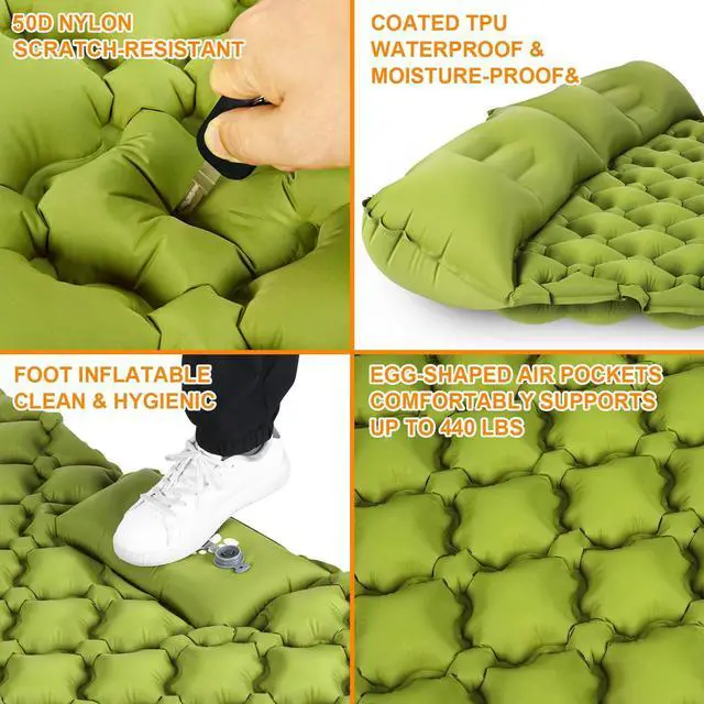Alt view image 3 of 7 - Double Sleeping Pad, Ultralight 4" Extra-Thick Self Inflating Sleeping Mat for 2 Person with Pillow Built-in Foot Pump Portable Camping Mat for Backpacking, Hiking, Traveling, Tent, Camping
