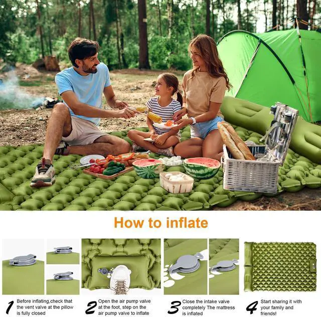 Alt view image 4 of 7 - Double Sleeping Pad, Ultralight 4" Extra-Thick Self Inflating Sleeping Mat for 2 Person with Pillow Built-in Foot Pump Portable Camping Mat for Backpacking, Hiking, Traveling, Tent, Camping