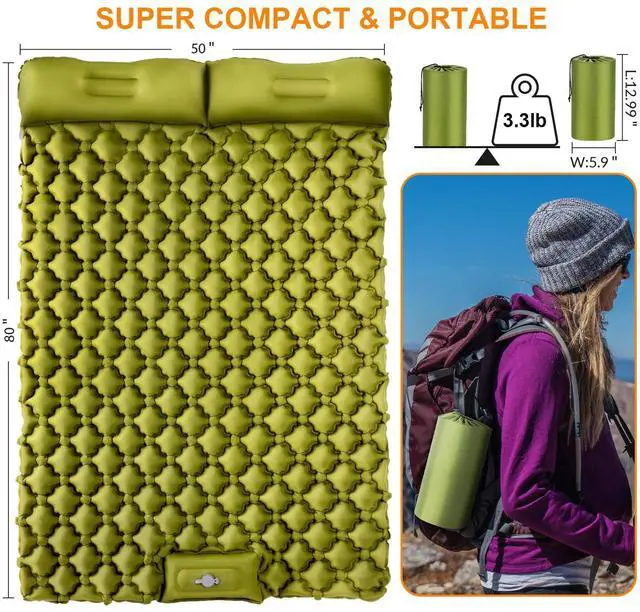 Alt view image 5 of 7 - Double Sleeping Pad, Ultralight 4" Extra-Thick Self Inflating Sleeping Mat for 2 Person with Pillow Built-in Foot Pump Portable Camping Mat for Backpacking, Hiking, Traveling, Tent, Camping